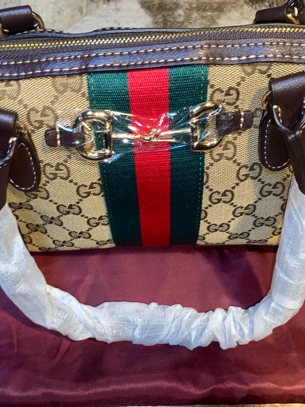 Gucci Beige GG Canvas Shoulder Bag with Green and Red Web Stripe